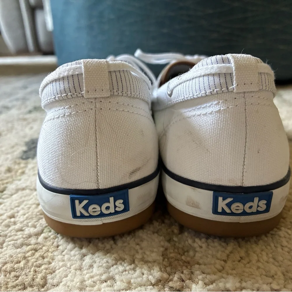 Keds White Canvas Lace-Up Boat Sneakers with Navy Insole - Picture 4 of 6